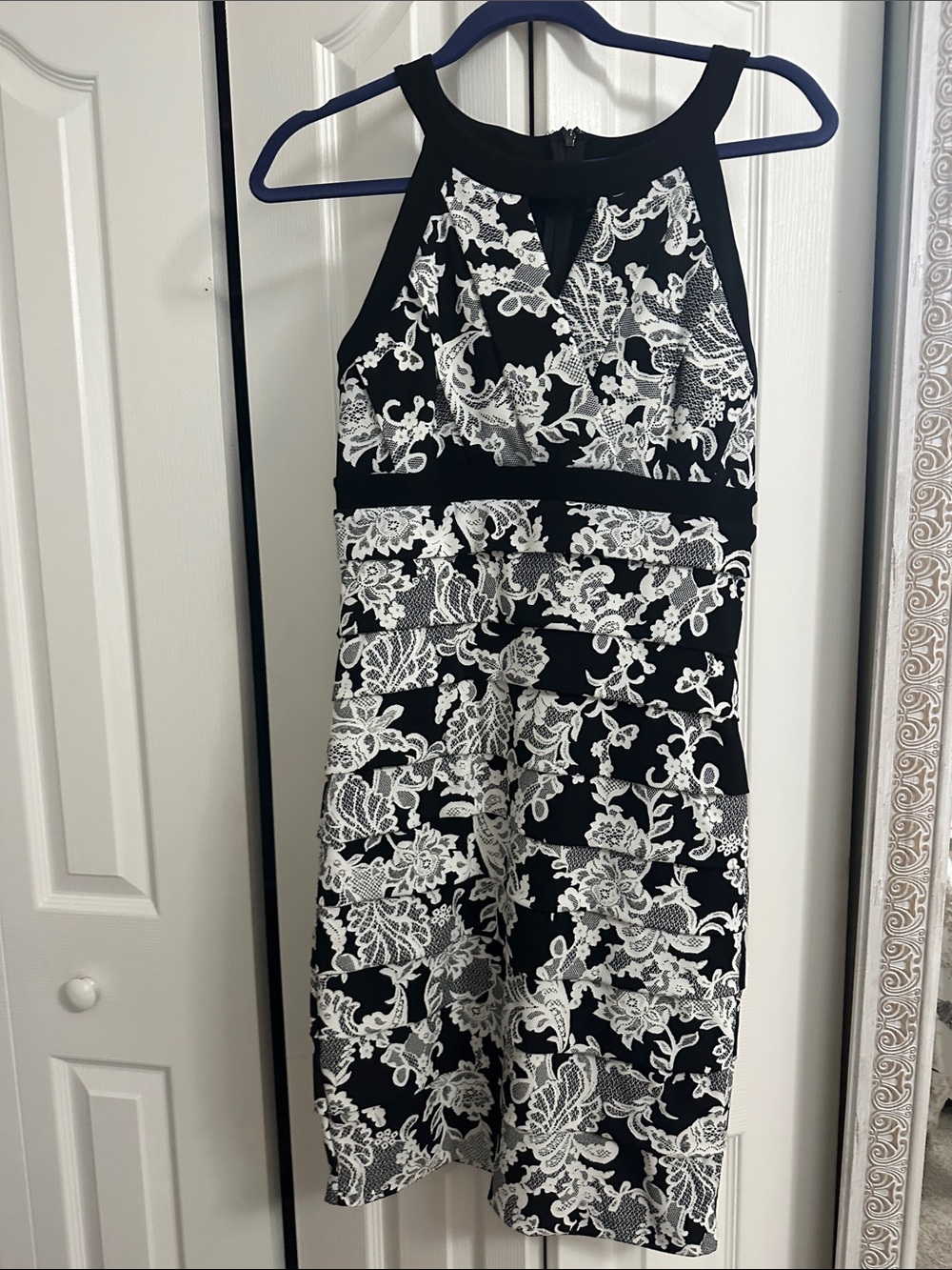 White House Black Market Black & White Lace-Print Midi Dress